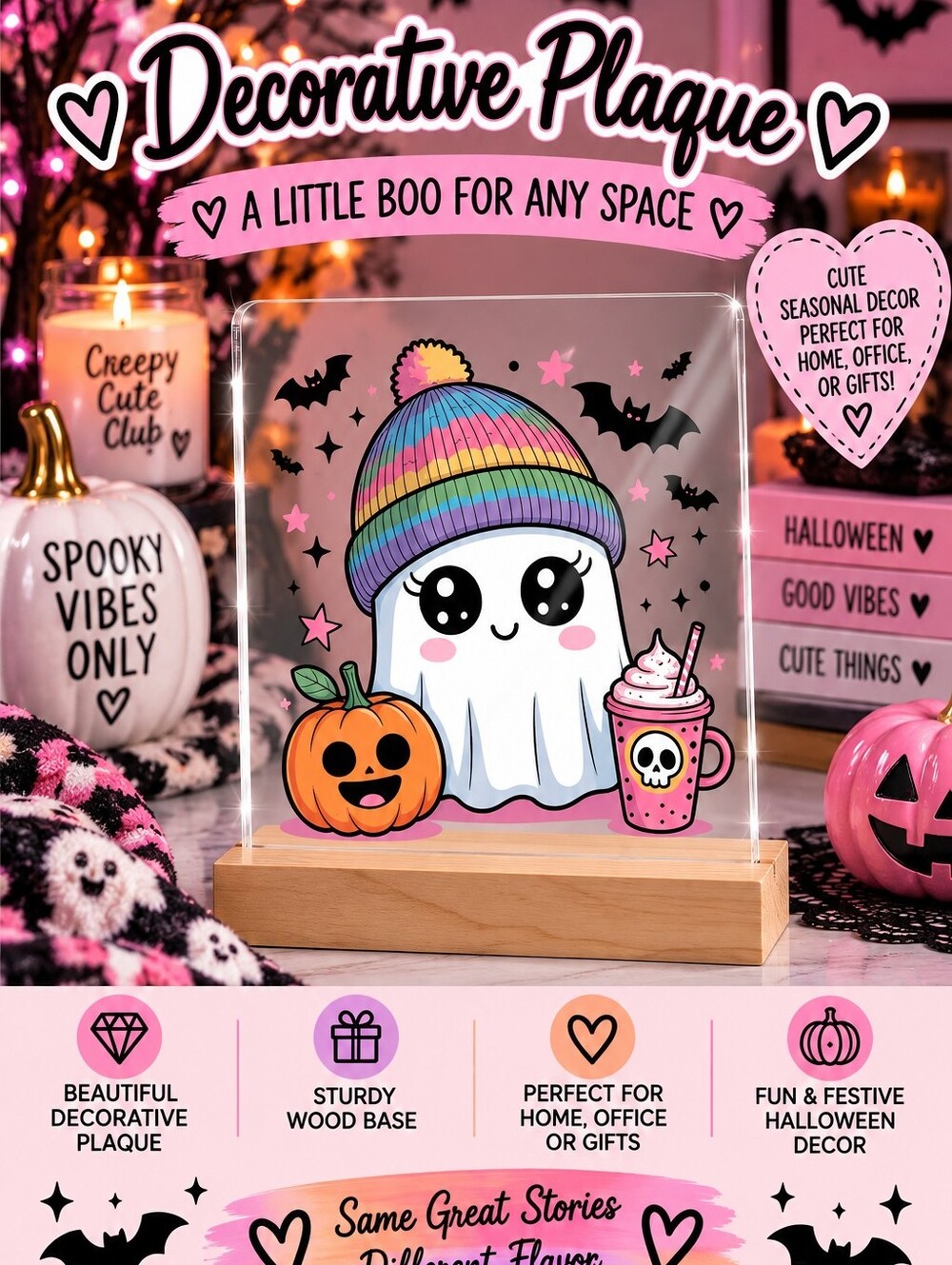 Cute Pink Halloween Ghost Pumpkin Decorative Plaque!!